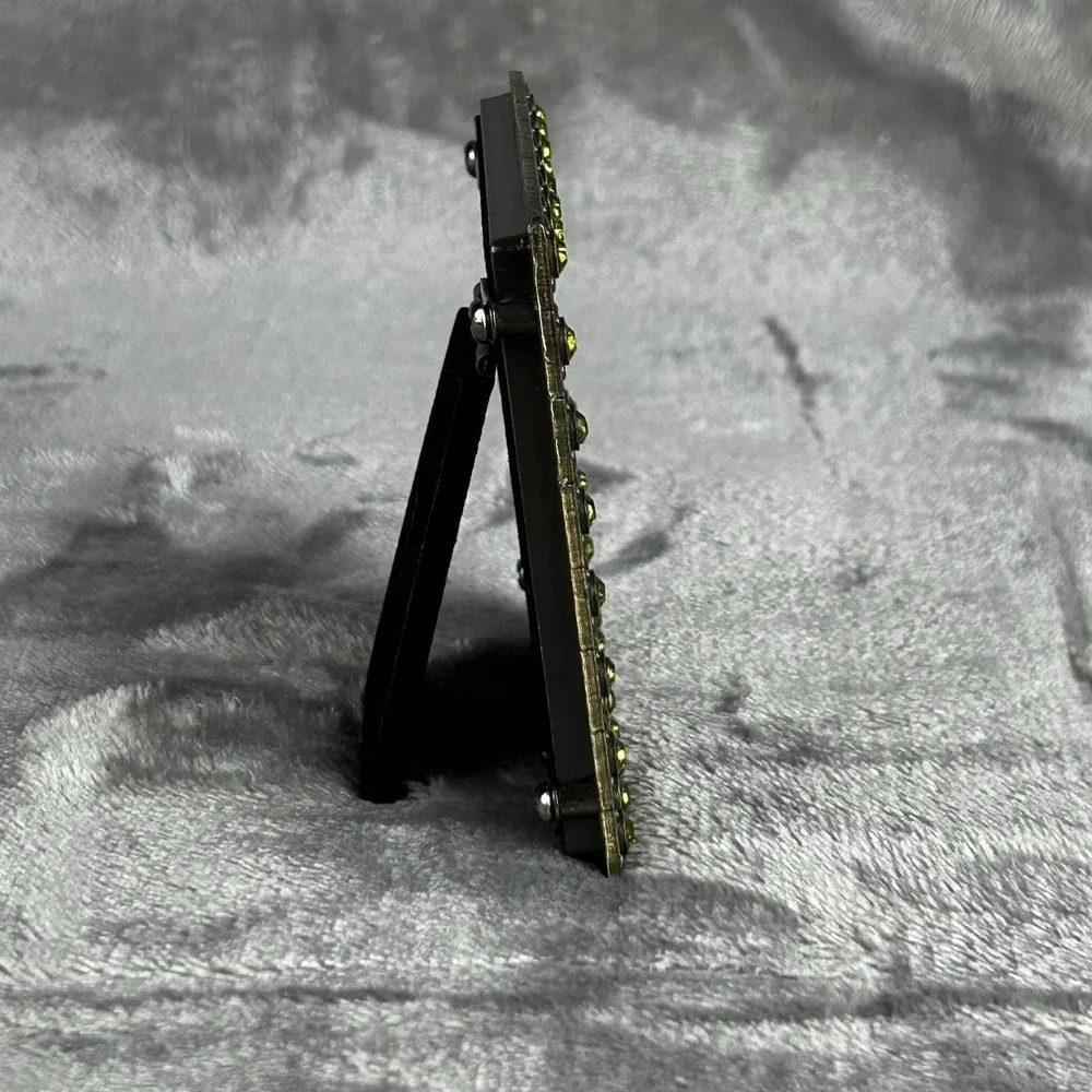 VTG Brass Jeweled Metal Square Frame Green Peridot Colored Rhinestones Boho‎
